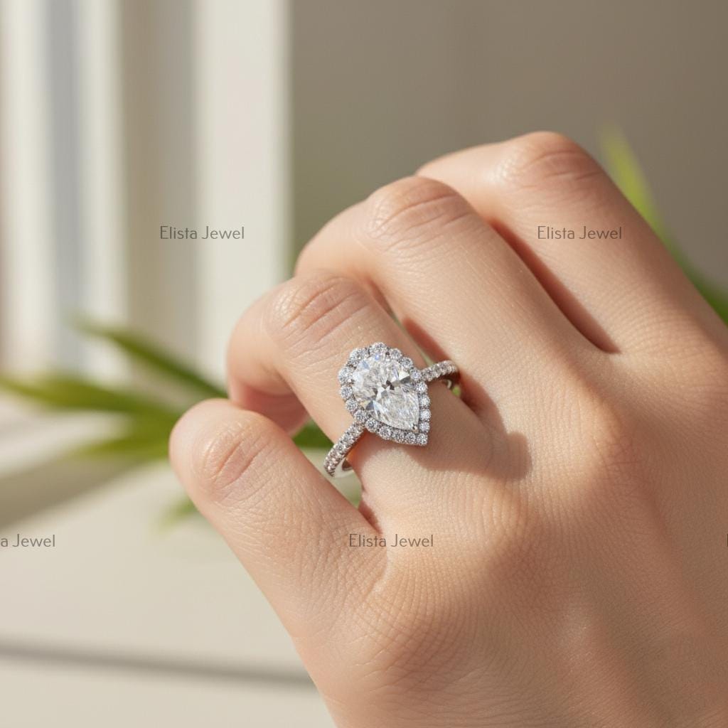 Pear Cut Lab-Grown Diamond Engagement Ring, 14K White Gold Halo Ring For Women