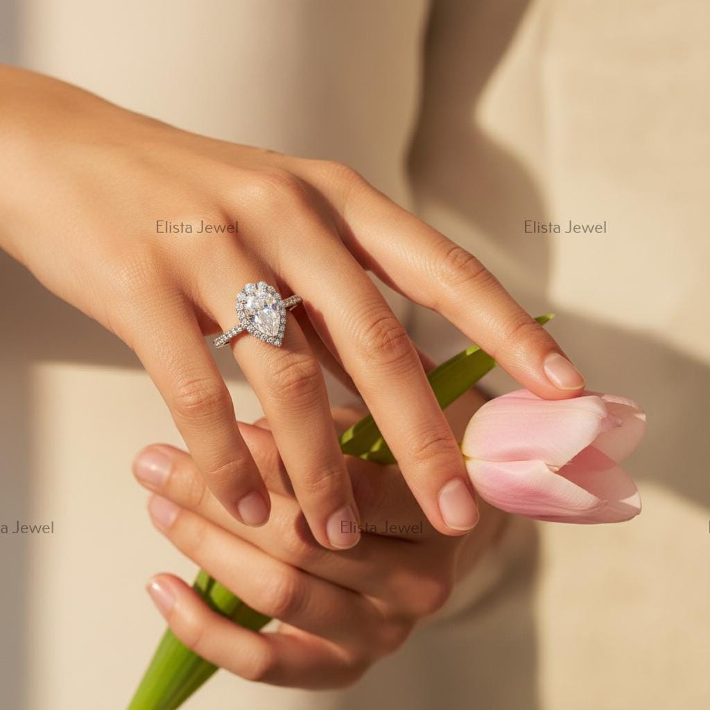 Pear Cut Lab-Grown Diamond Engagement Ring, 14K White Gold Halo Ring For Women