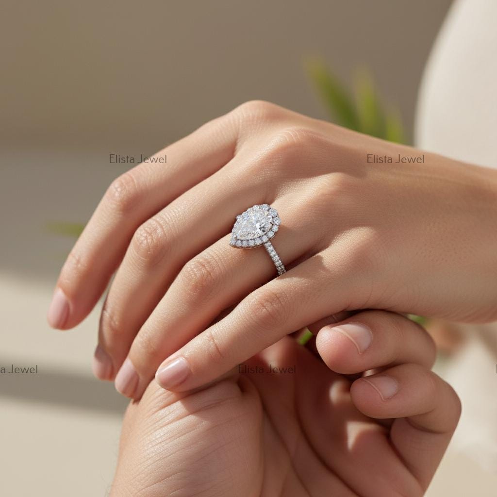 Pear Cut Lab-Grown Diamond Engagement Ring, 14K White Gold Halo Ring For Women
