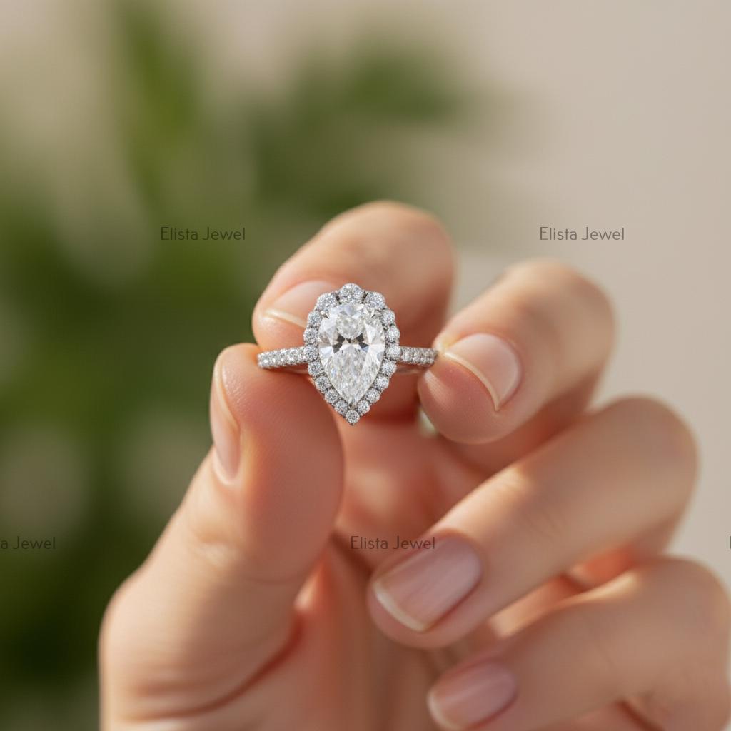 Pear Cut Lab-Grown Diamond Engagement Ring, 14K White Gold Halo Ring For Women