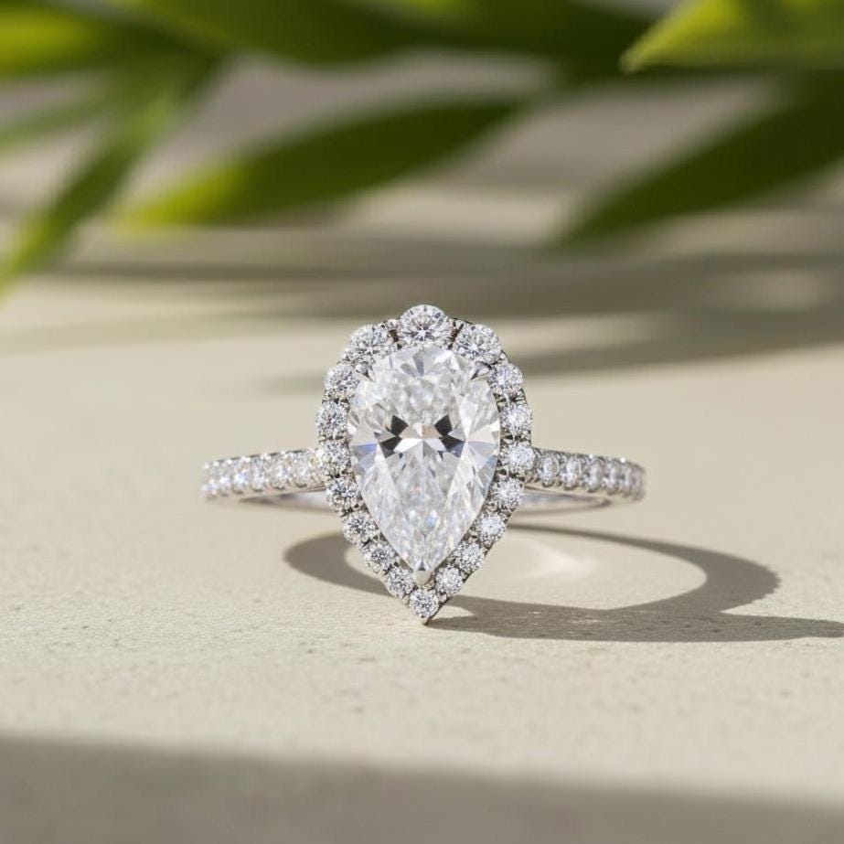 Pear Cut Lab-Grown Diamond Engagement Ring, 14K White Gold Halo Ring For Women
