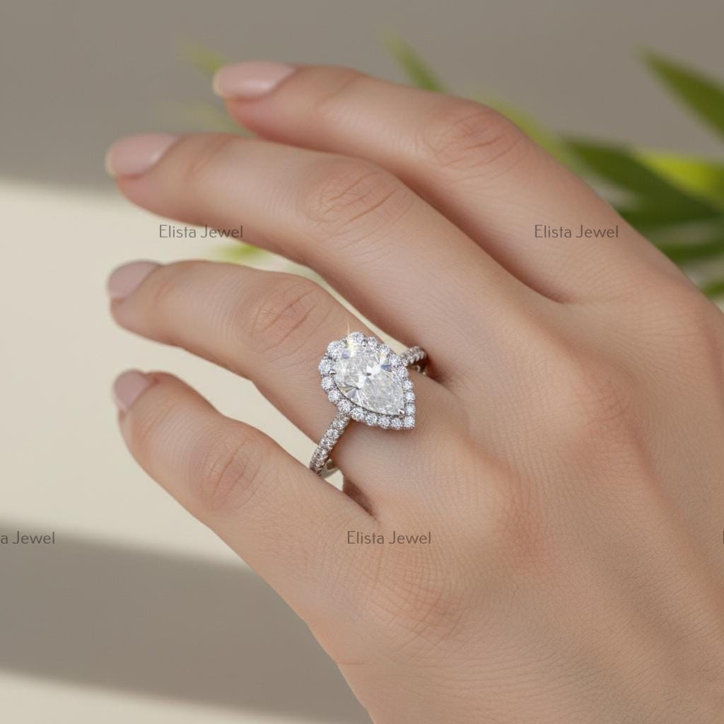 Pear Cut Lab-Grown Diamond Engagement Ring, 14K White Gold Halo Ring For Women