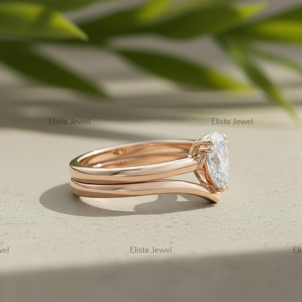 Pear Shaped Lab-Grown Diamond Bridal Ring Set, 14K Rose Gold Matching Chevron Band