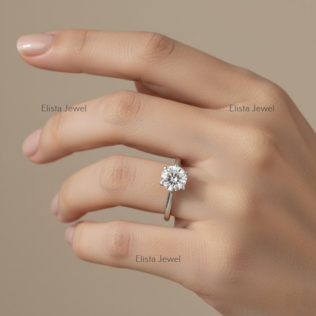 Round Lab-Grown Diamond Solitaire Engagement Ring in 14K Solid White Gold With 6-Prongs