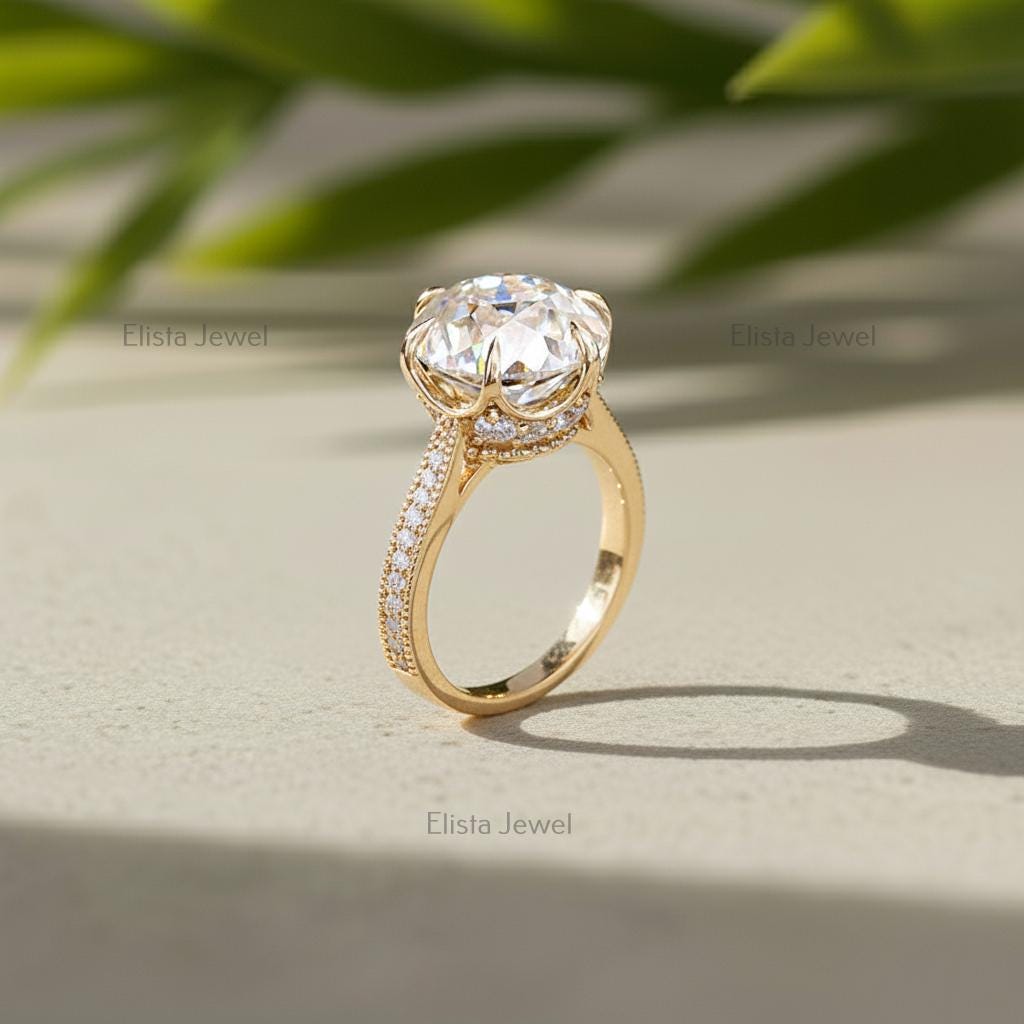 Round Lab-Grown Diamond Engagement Ring, 18K Yellow Gold, Pavé Milgrain