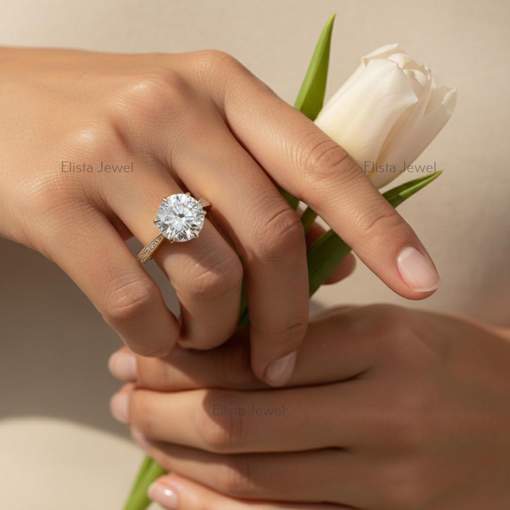 Round Lab-Grown Diamond Engagement Ring, 18K Yellow Gold, Pavé Milgrain