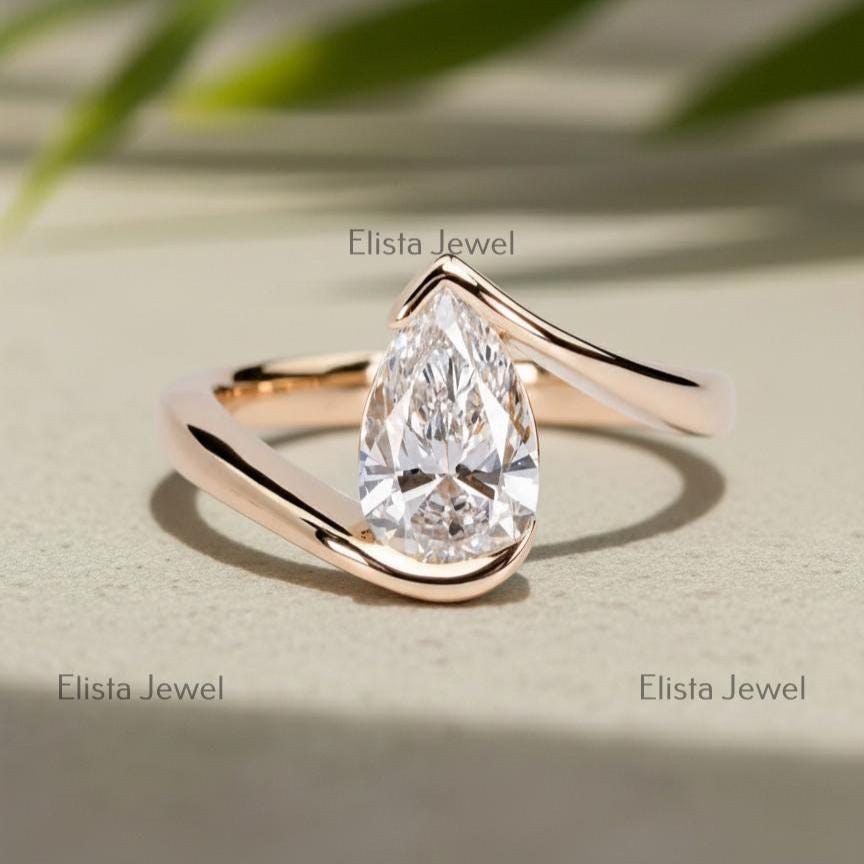 Pear Lab-Grown Diamond Bypass Solitaire Ring in Rose Gold, Modern Sculptural Band