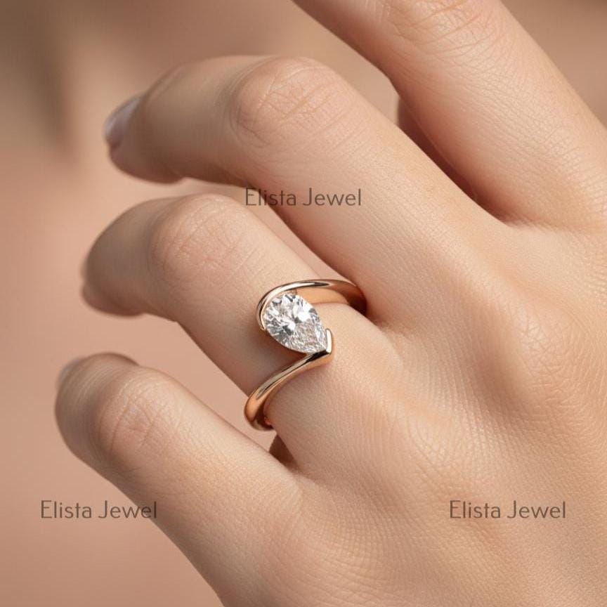 Pear Lab-Grown Diamond Bypass Solitaire Ring in Rose Gold, Modern Sculptural Band