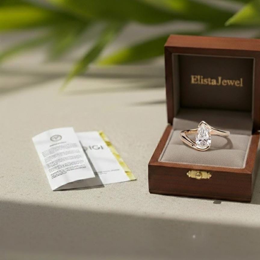 Pear Lab-Grown Diamond Bypass Solitaire Ring in Rose Gold, Modern Sculptural Band