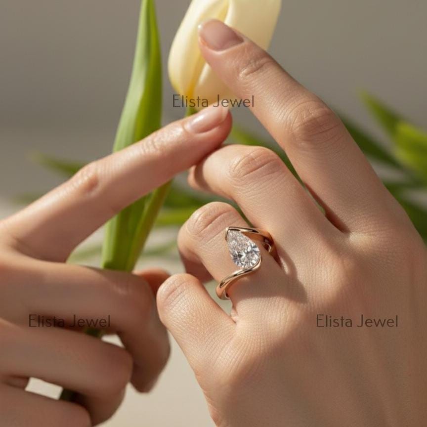 Pear Lab-Grown Diamond Bypass Solitaire Ring in Rose Gold, Modern Sculptural Band