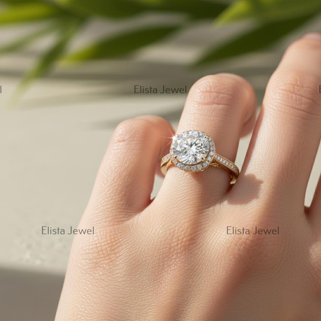Round Lab-Grown Diamond Engagement Ring, 18K Yellow Gold, Pavé Milgrain