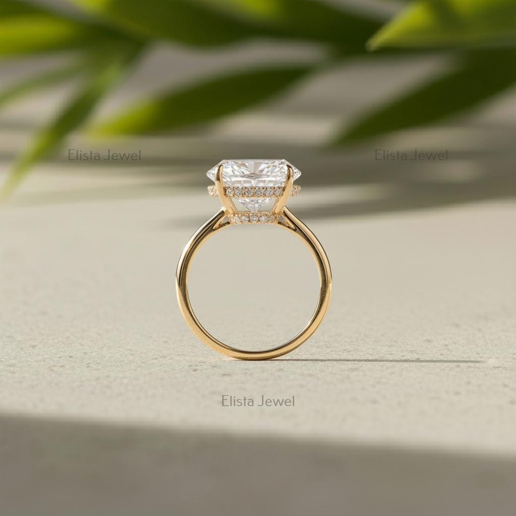 Oval Lab-grown Diamond Solitaire Ring, 14K Yellow Gold Hidden Halo Engagement Ring For Women