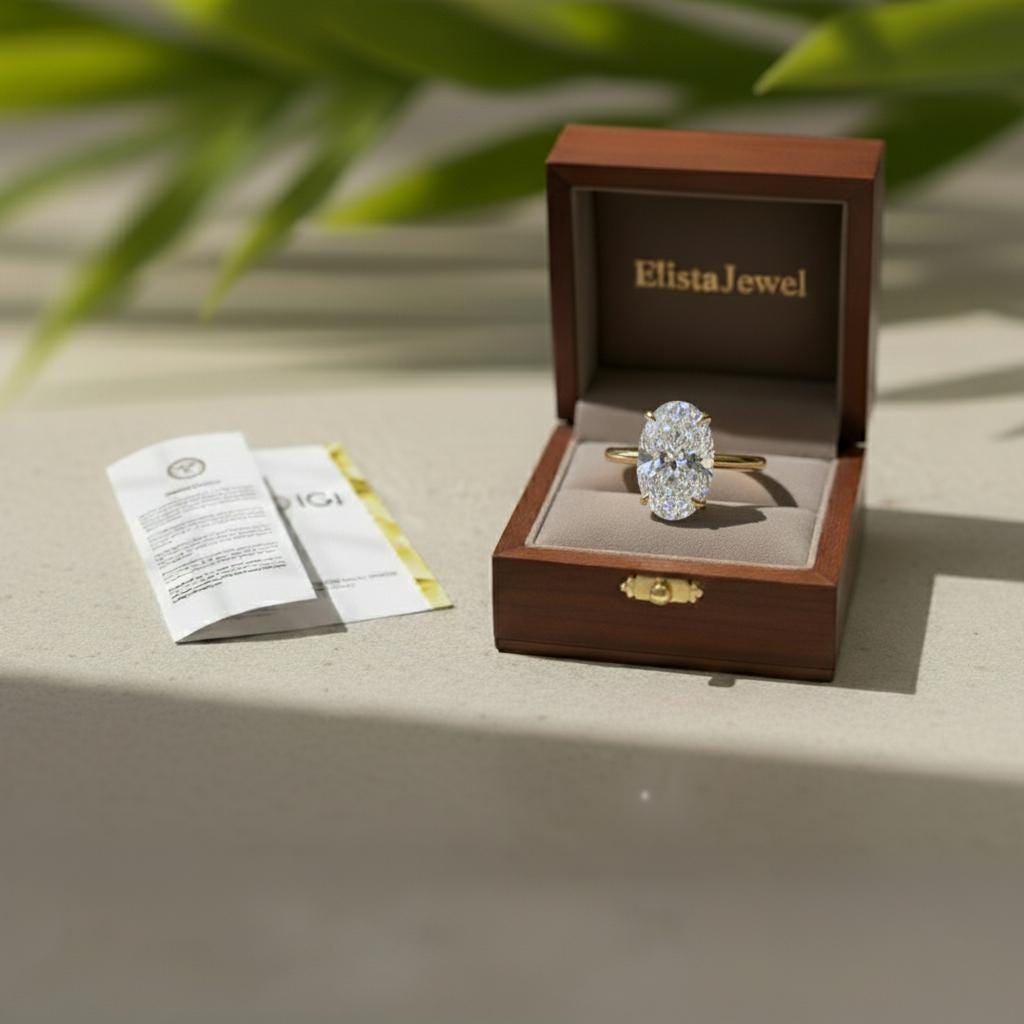Oval Lab-grown Diamond Solitaire Ring, 14K Yellow Gold Hidden Halo Engagement Ring For Women