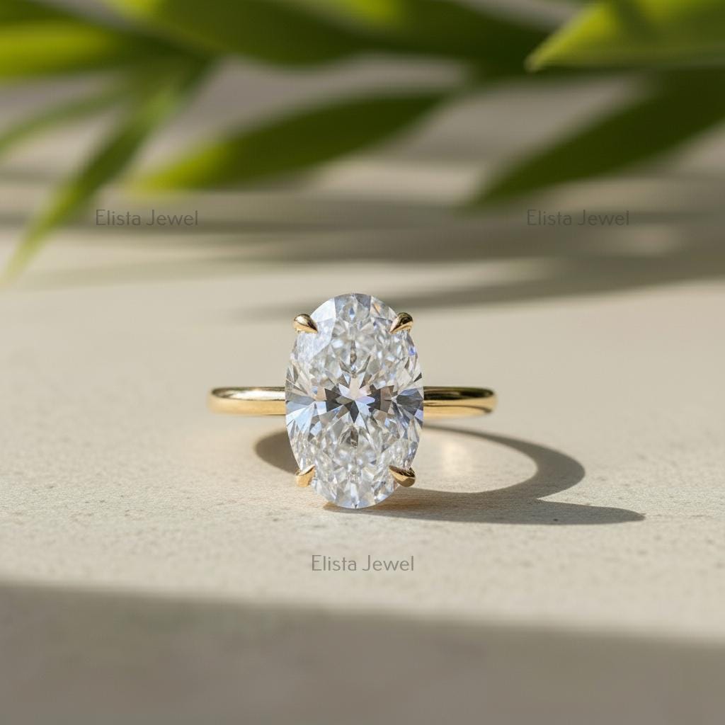 Oval Lab-grown Diamond Solitaire Ring, 14K Yellow Gold Hidden Halo Engagement Ring For Women