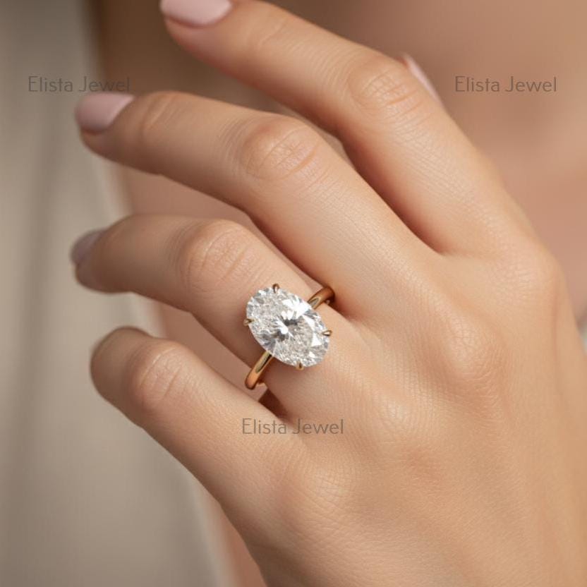 Oval Lab-grown Diamond Solitaire Ring, 14K Yellow Gold Hidden Halo Engagement Ring For Women