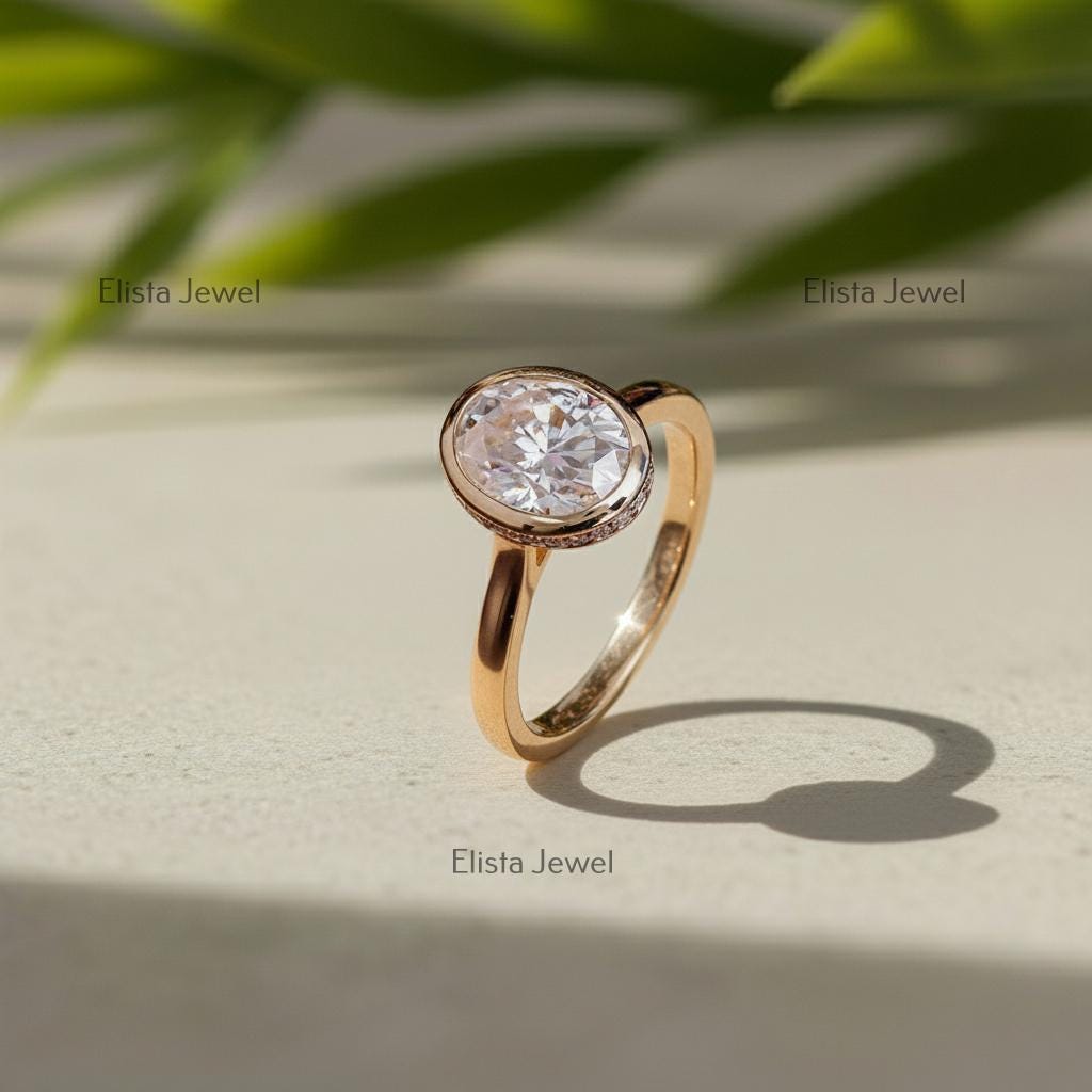 Oval Lab-Grown Diamond Rose Gold Engagement Ring, Pavé Halo Bezel Set