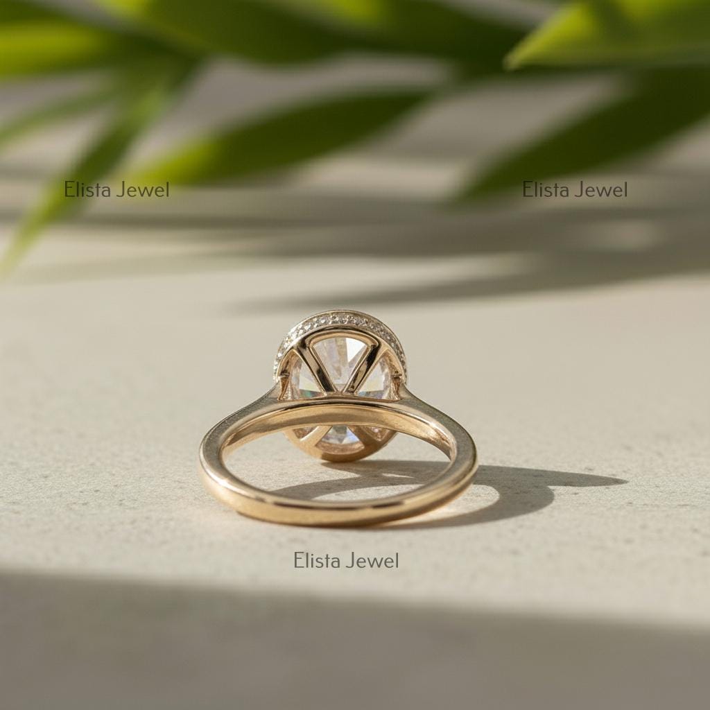 Oval Lab-Grown Diamond Rose Gold Engagement Ring, Pavé Halo Bezel Set