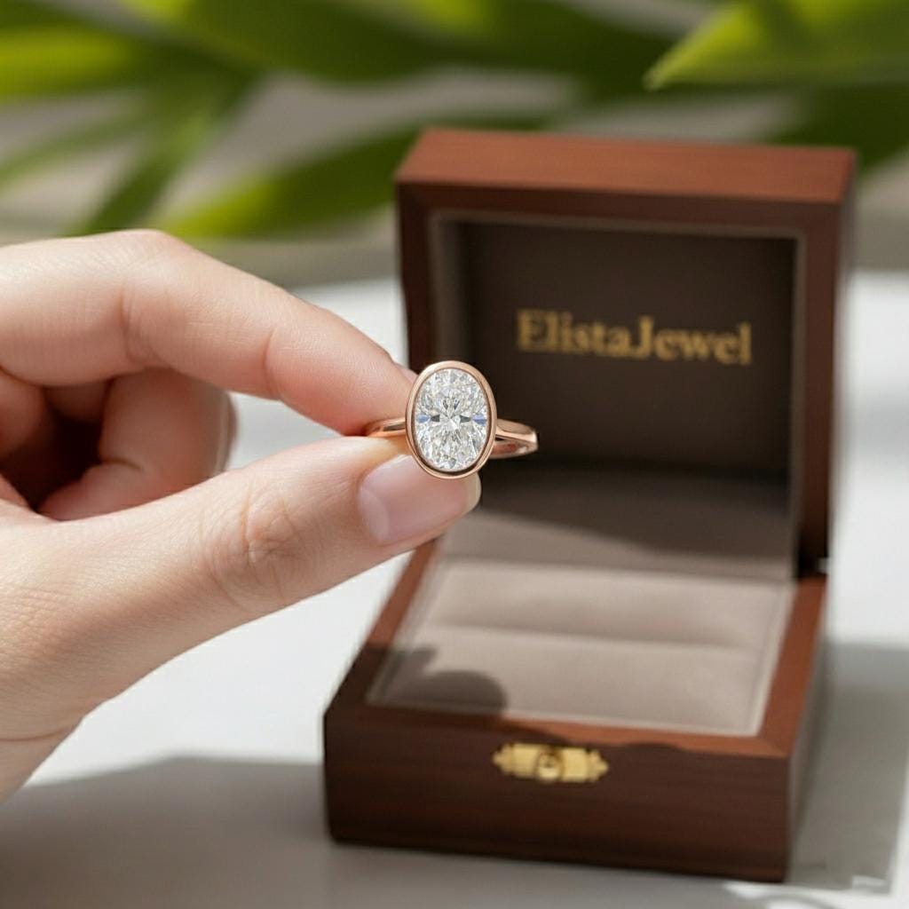 Oval Lab-Grown Diamond Rose Gold Engagement Ring, Pavé Halo Bezel Set