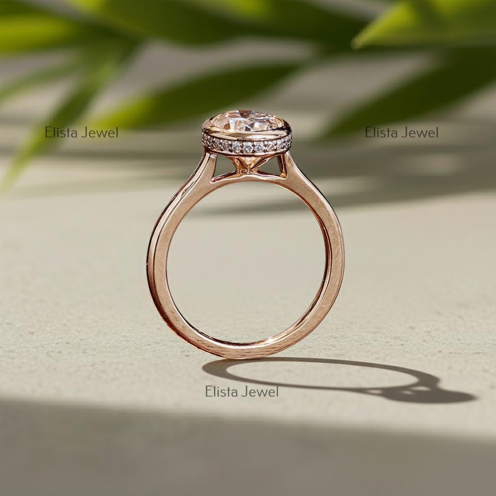 Oval Lab-Grown Diamond Rose Gold Engagement Ring, Pavé Halo Bezel Set