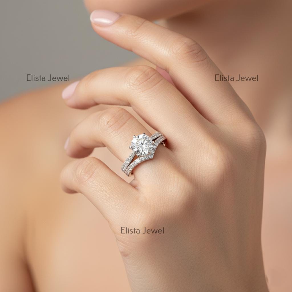 Round Lab-Grown Diamond Bridal Set Solitaire Pave Chevron Band in 14K Solid White Gold