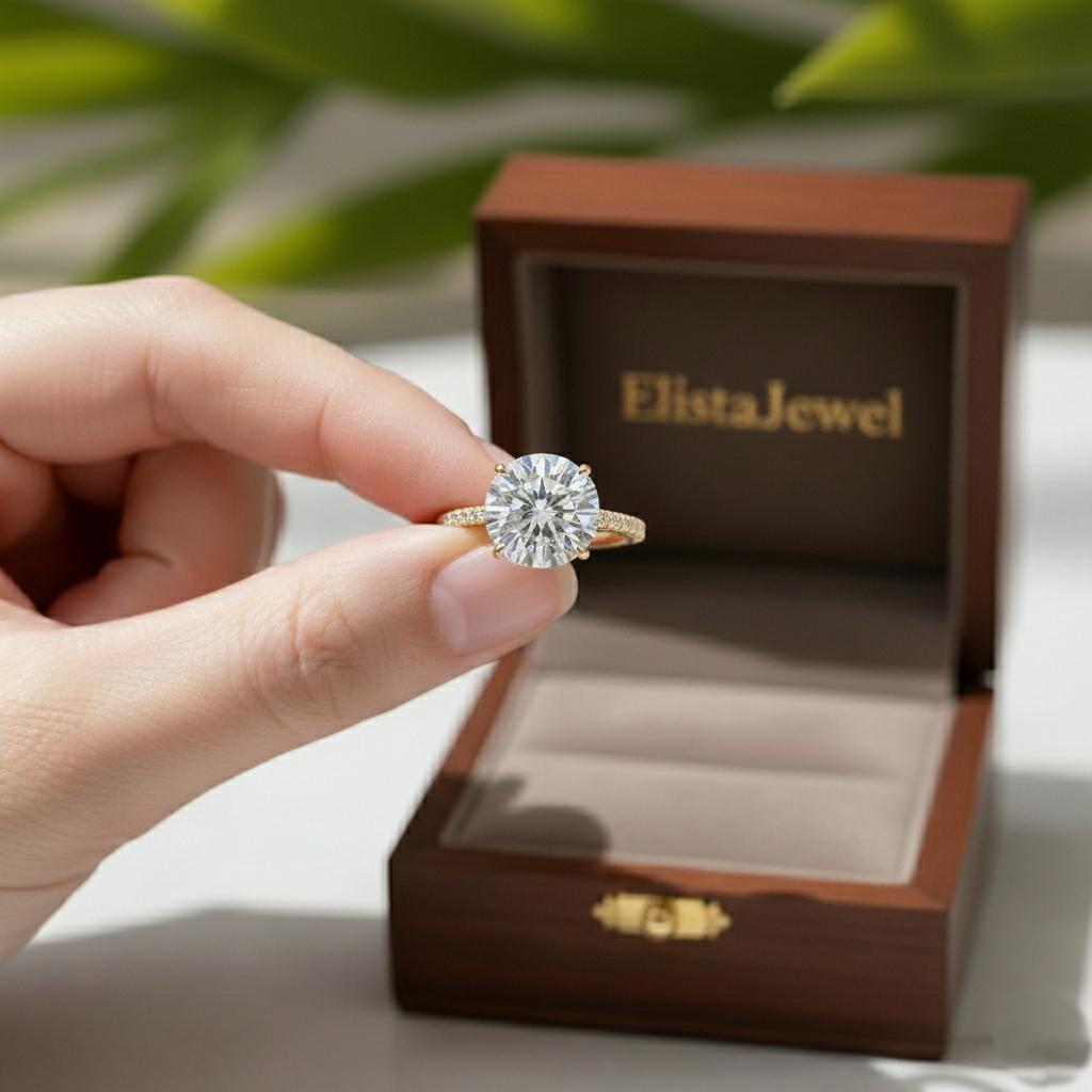 Round Lab-Grown Diamond Solitaire Engagement Ring Pavé Yellow Gold Large Statement