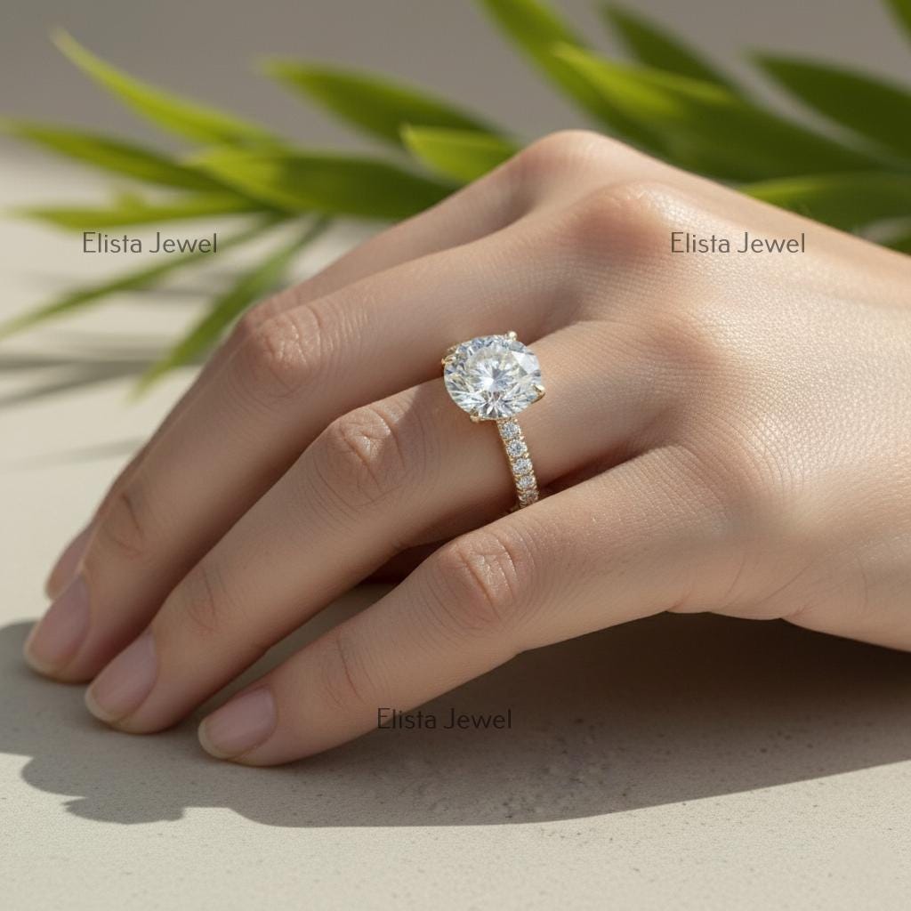 Round Lab-Grown Diamond Solitaire Engagement Ring Pavé Yellow Gold Large Statement