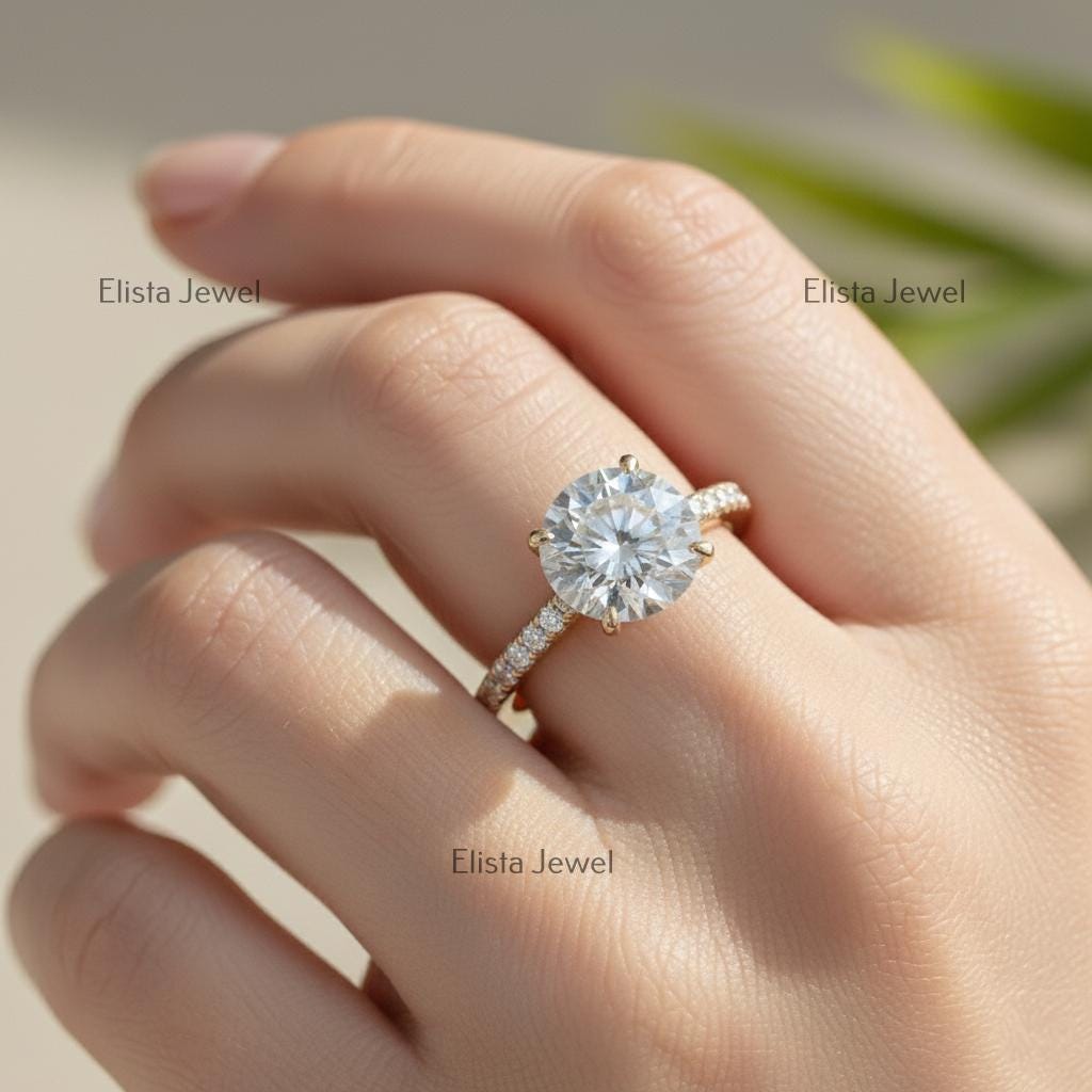 Round Lab-Grown Diamond Solitaire Engagement Ring Pavé Yellow Gold Large Statement