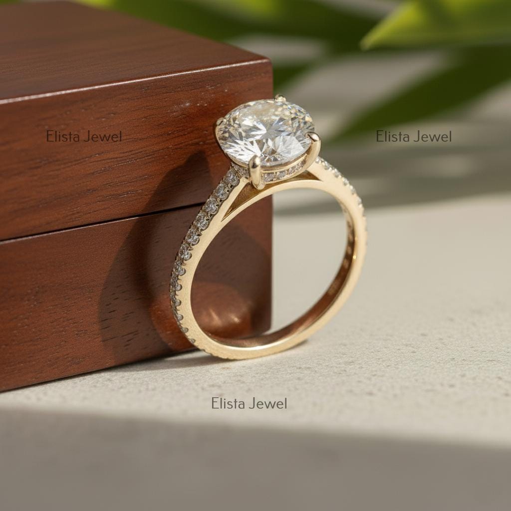 Round Lab-Grown Diamond Solitaire Engagement Ring Pavé Yellow Gold Large Statement