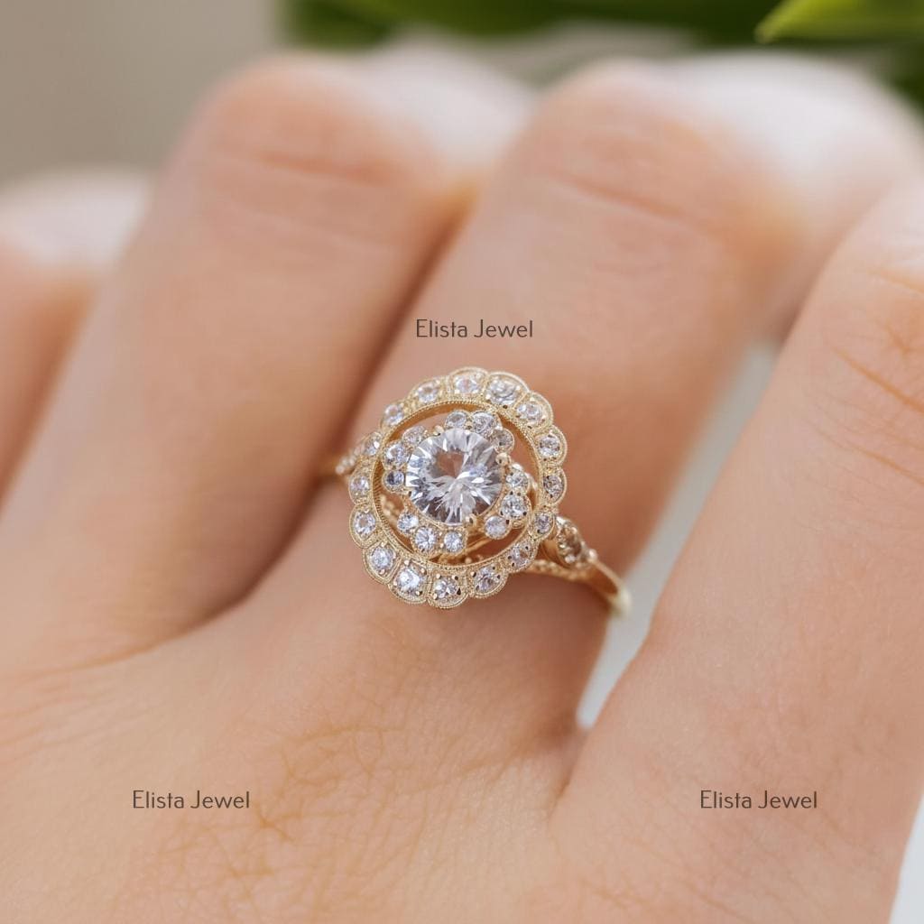 Lab-Grown Diamond Double Halo Engagement Ring: 10K Yellow Gold Floral Ring