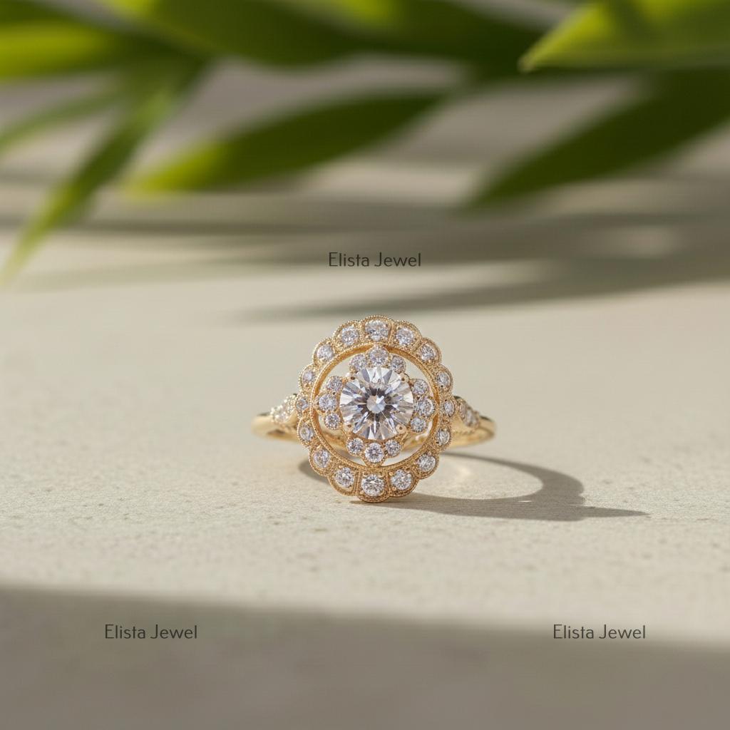 Lab-Grown Diamond Double Halo Engagement Ring: 10K Yellow Gold Floral Ring