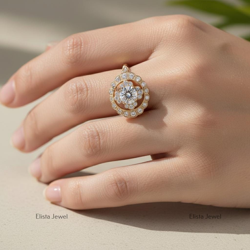 Lab-Grown Diamond Double Halo Engagement Ring: 10K Yellow Gold Floral Ring