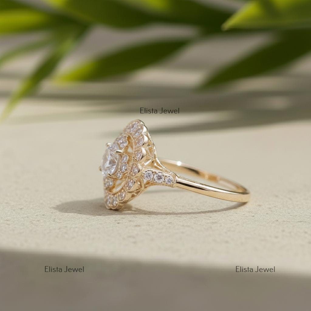 Lab-Grown Diamond Double Halo Engagement Ring: 10K Yellow Gold Floral Ring