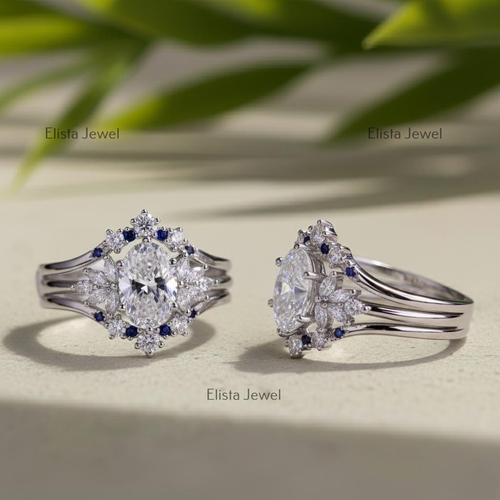 Oval Lab-Grown Diamond Bridal Ring Set, Sapphire Chevron Band, 14K White Gold