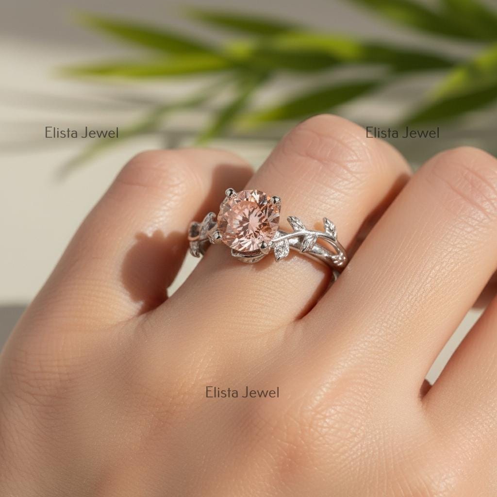 Fancy Pink Lab Grown Diamond Engagement Ring, White Gold Leaf Vine Band