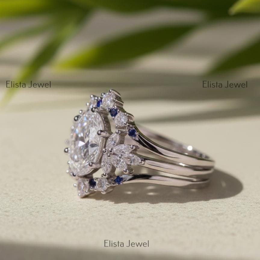Oval Lab-Grown Diamond Bridal Ring Set, Sapphire Chevron Band, 14K White Gold