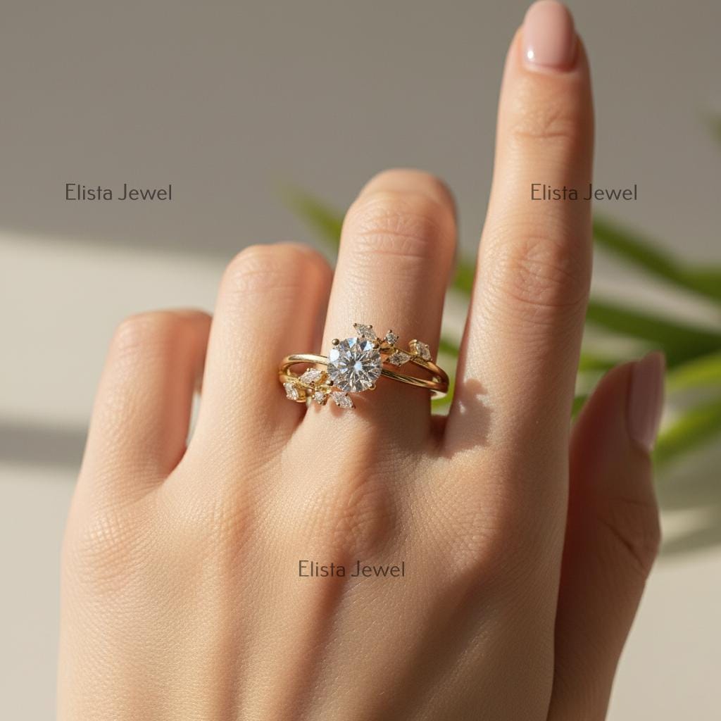 Lab-Grown Diamond Engagement Ring, 18K Yellow Gold Leaf Bridal Ring