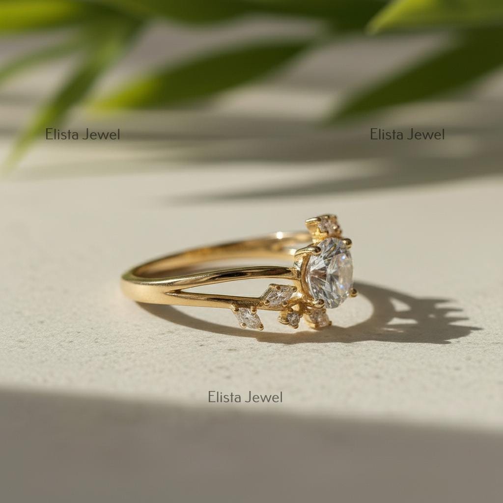 Lab-Grown Diamond Engagement Ring, 18K Yellow Gold Leaf Bridal Ring