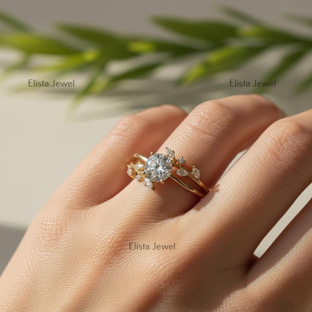 Lab-Grown Diamond Engagement Ring, 18K Yellow Gold Leaf Bridal Ring