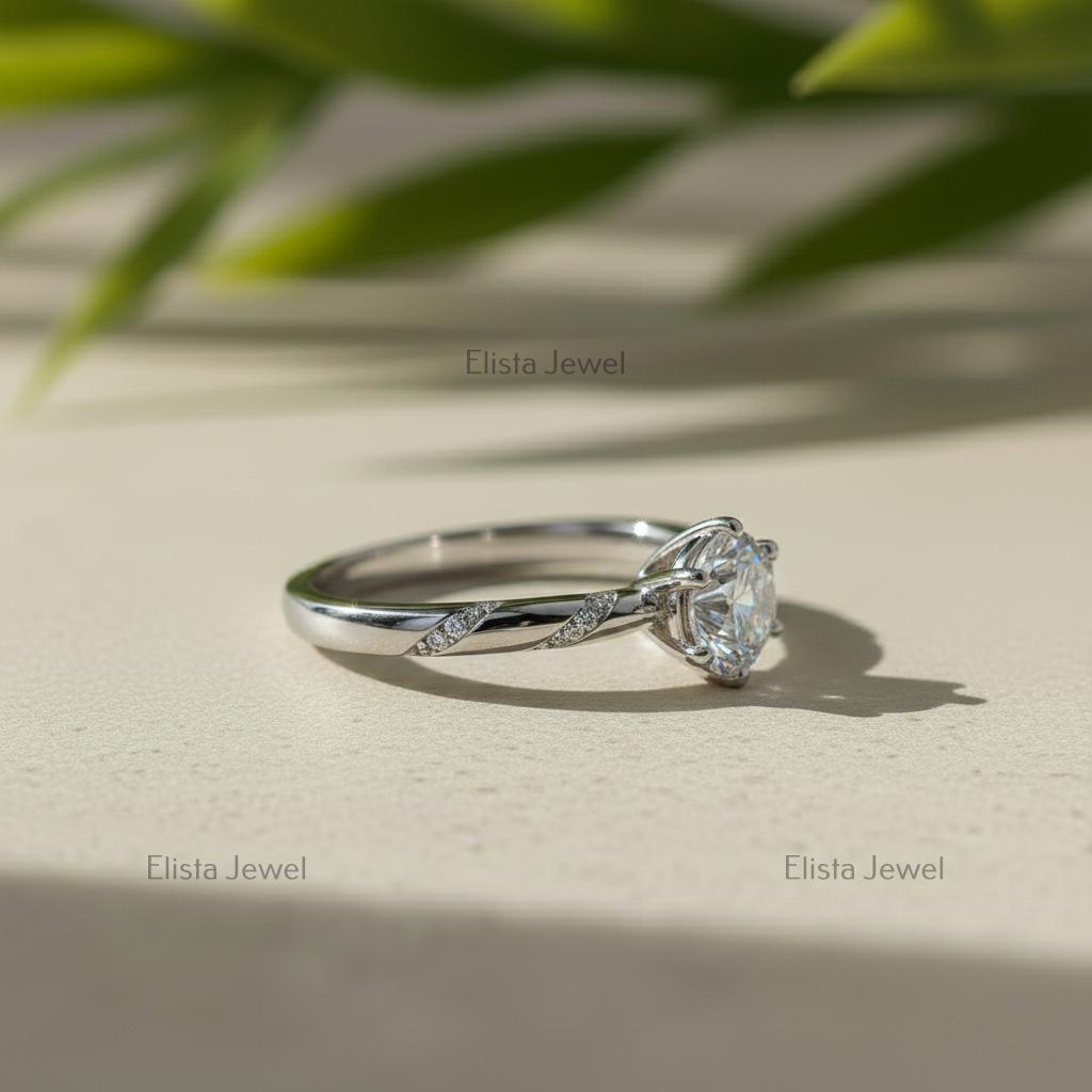 Round Lab-Grown Diamond Engagement Ring, 14K White Gold, Unique Pave Band