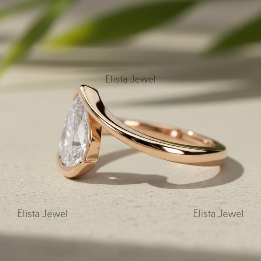 Pear Lab-Grown Diamond Bypass Solitaire Ring in Rose Gold, Modern Sculptural Band