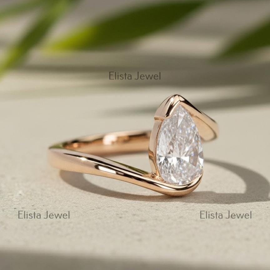 Pear Lab-Grown Diamond Bypass Solitaire Ring in Rose Gold, Modern Sculptural Band