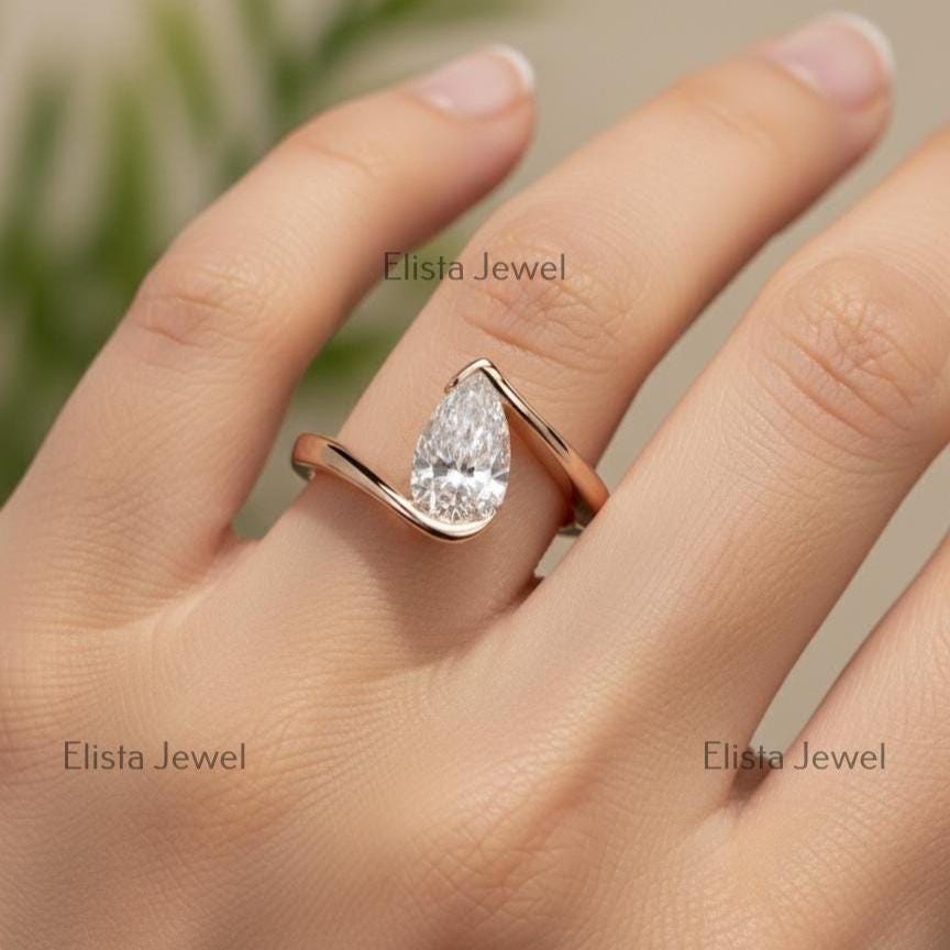 Pear Lab-Grown Diamond Bypass Solitaire Ring in Rose Gold, Modern Sculptural Band