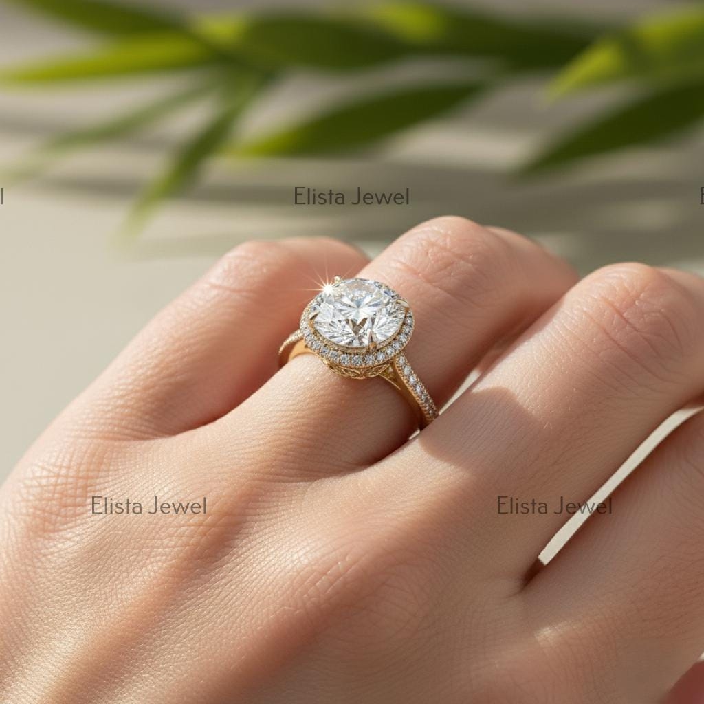 Round Lab-Grown Diamond Engagement Ring, 18K Yellow Gold, Pavé Milgrain