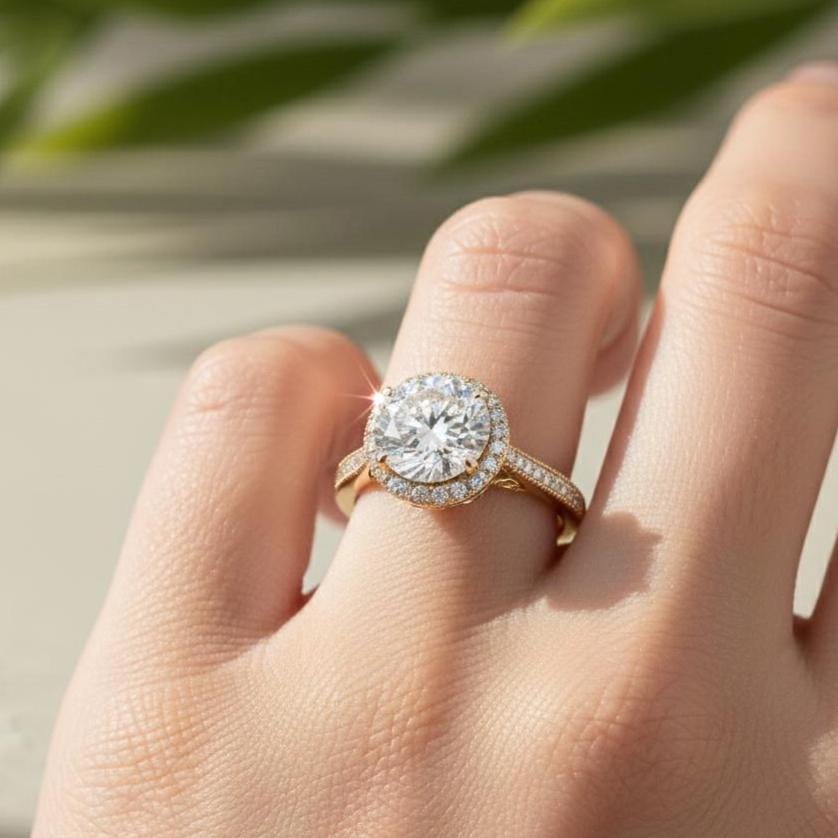 Round Lab-Grown Diamond Engagement Ring, 18K Yellow Gold, Pavé Milgrain