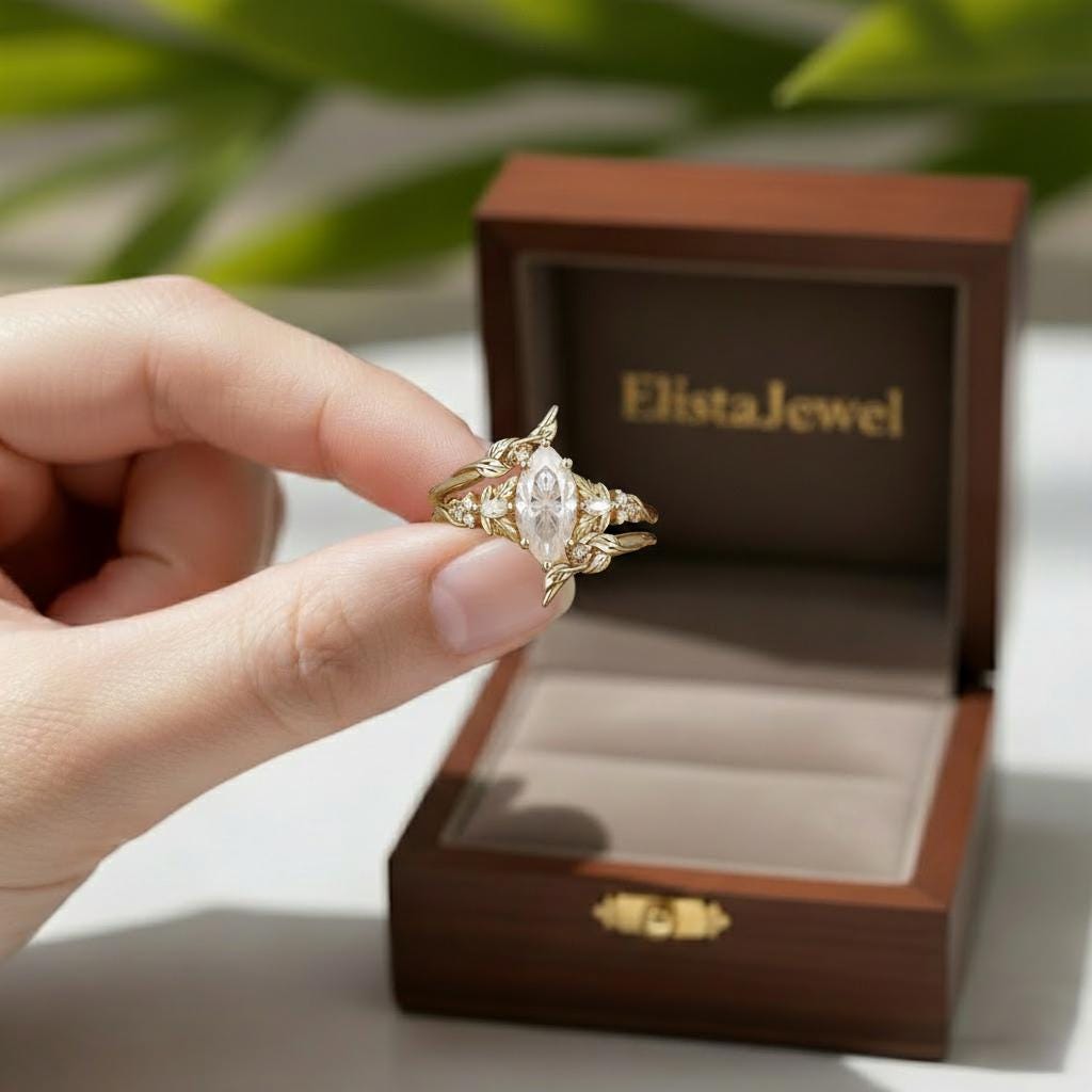Marquise Lab-grown Diamond Bridal Ring Set, 18K Solid Yellow Gold Nature Inspired Leaf Band