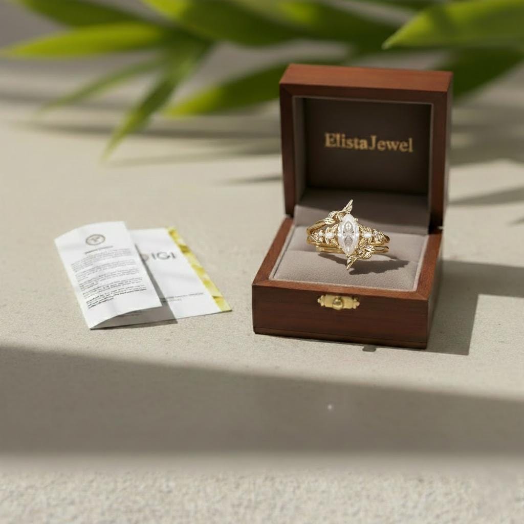 Marquise Lab-grown Diamond Bridal Ring Set, 18K Solid Yellow Gold Nature Inspired Leaf Band