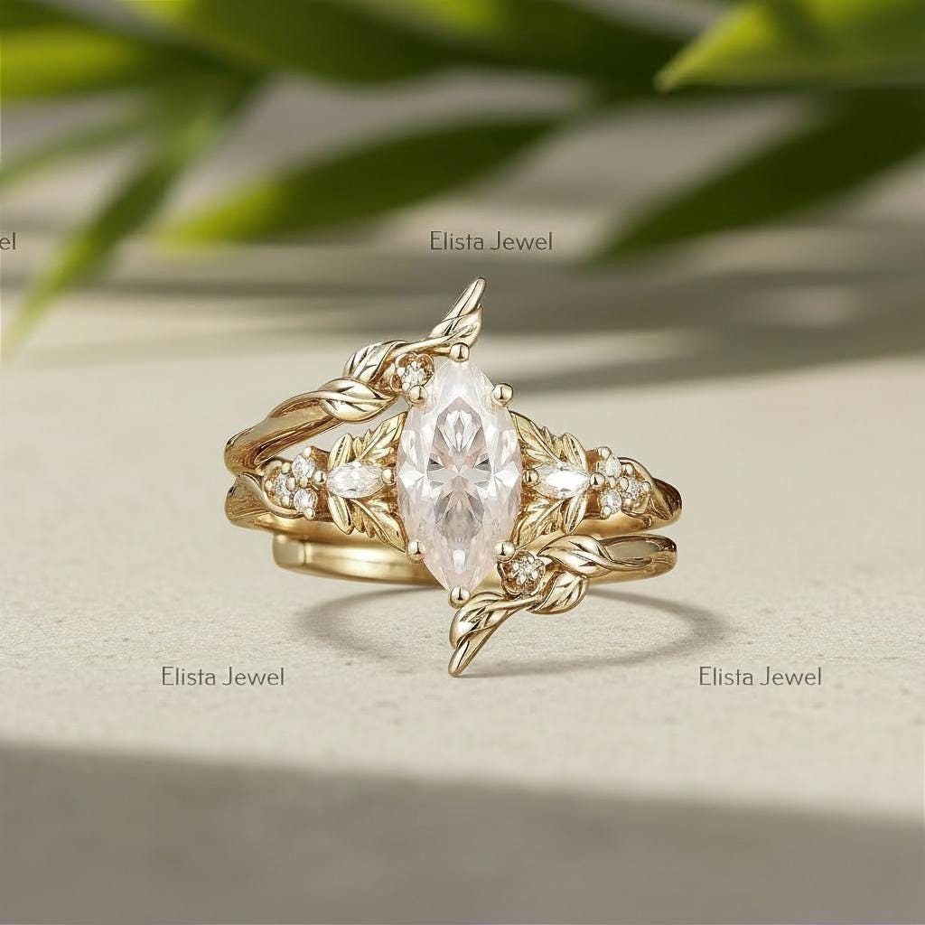 Marquise Lab-grown Diamond Bridal Ring Set, 18K Solid Yellow Gold Nature Inspired Leaf Band