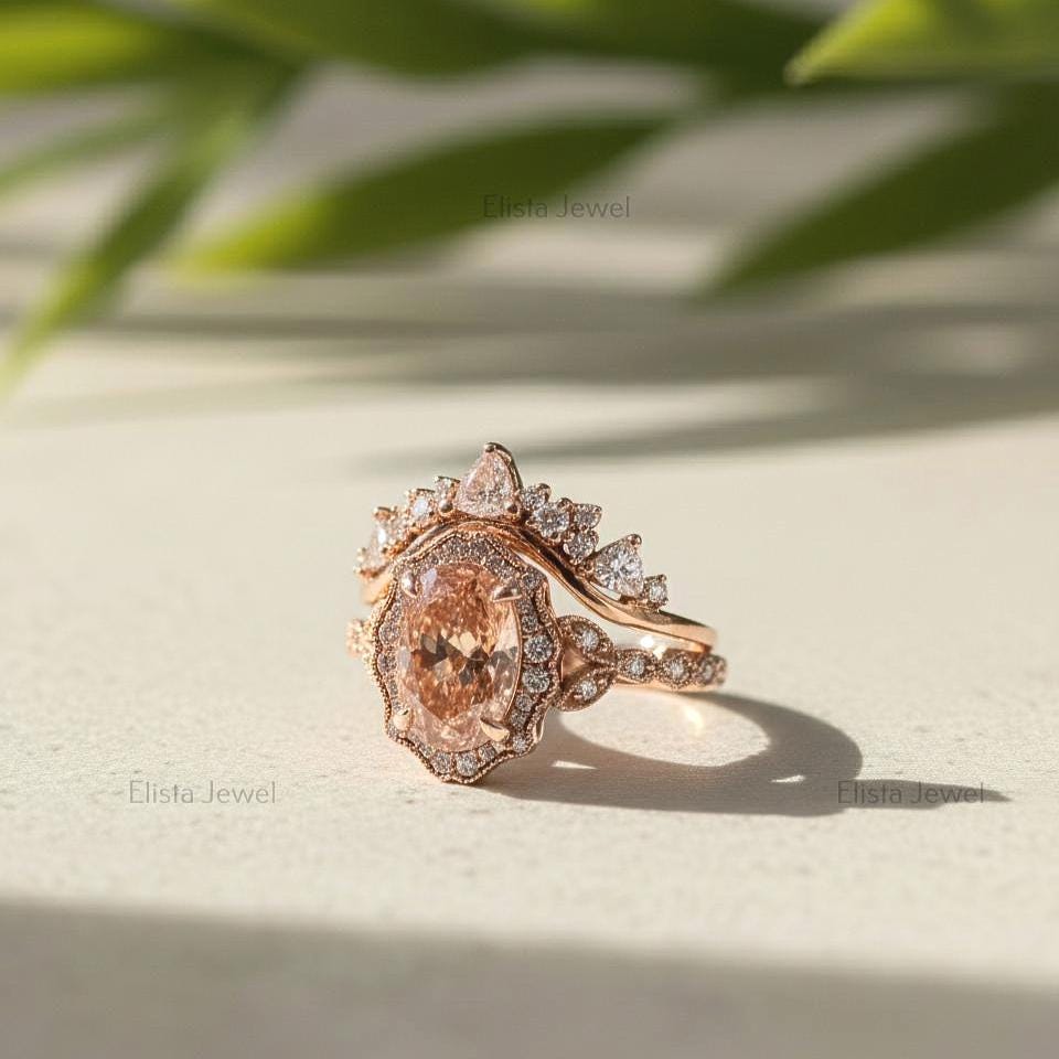 Fancy Pink Oval Lab Grown Diamond Halo Ring, 18K Rose Gold Bridal Set
