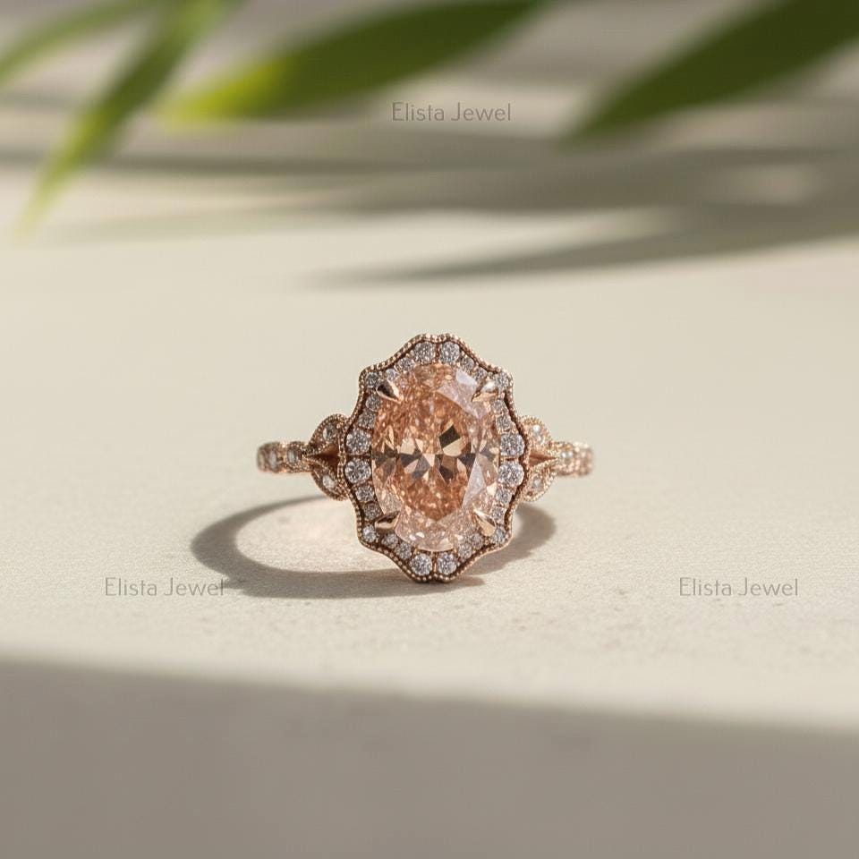 Fancy Pink Oval Lab Grown Diamond Halo Ring, 18K Rose Gold Bridal Set