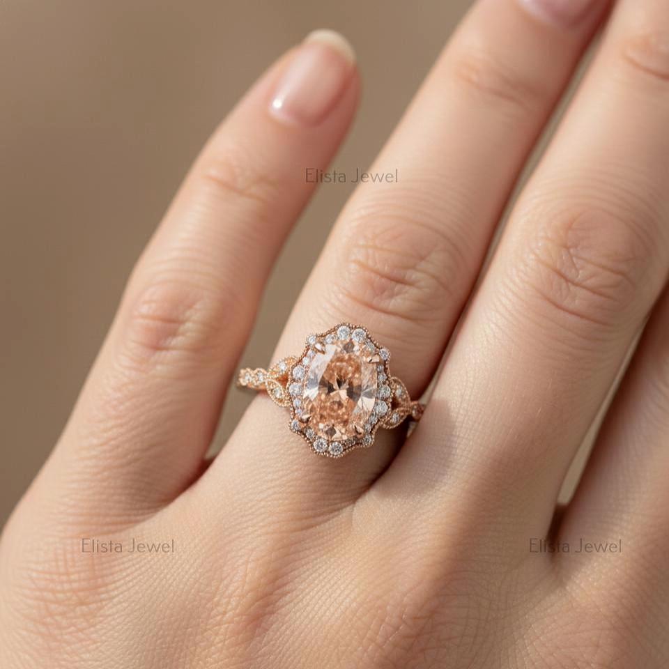 Fancy Pink Oval Lab Grown Diamond Halo Ring, 18K Rose Gold Bridal Set